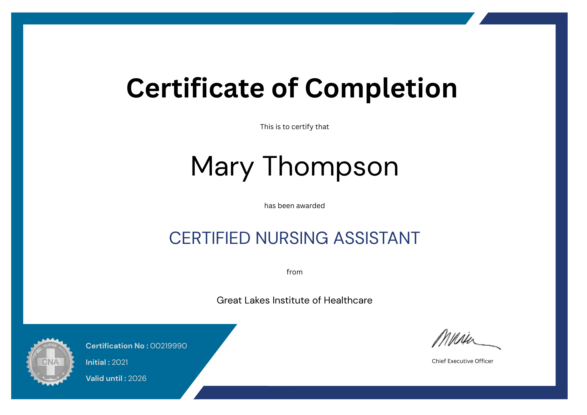 Editable CNA Certificate Template – Certificate of Completion Edition